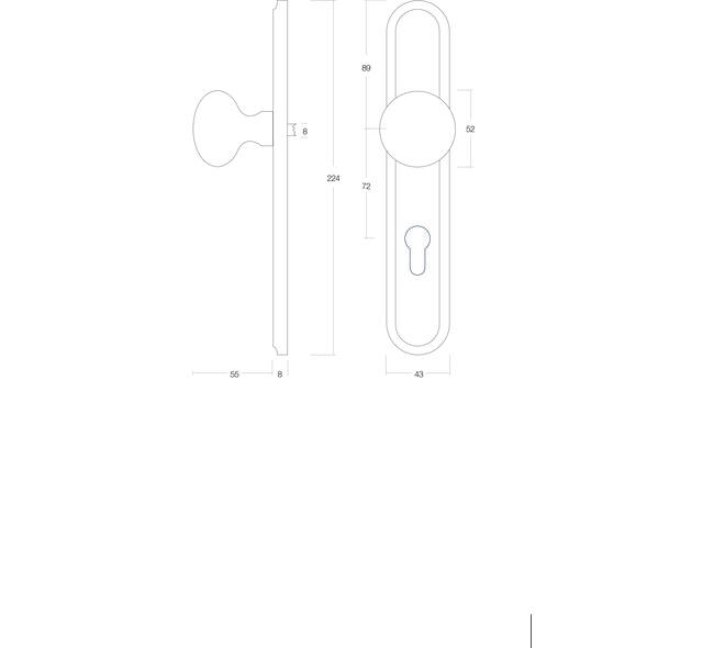 Knopschild ovaal 242x43x10mm met vaste knop paddenstoel en wisselstift profielcilindergat 72mm nikkel mat