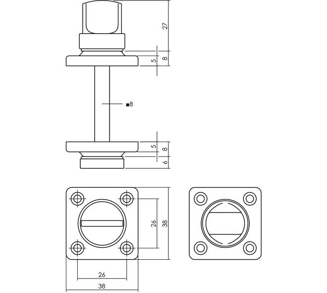 WC-sluiting 38x38x5mm met stift 8x8mm nikkel mat