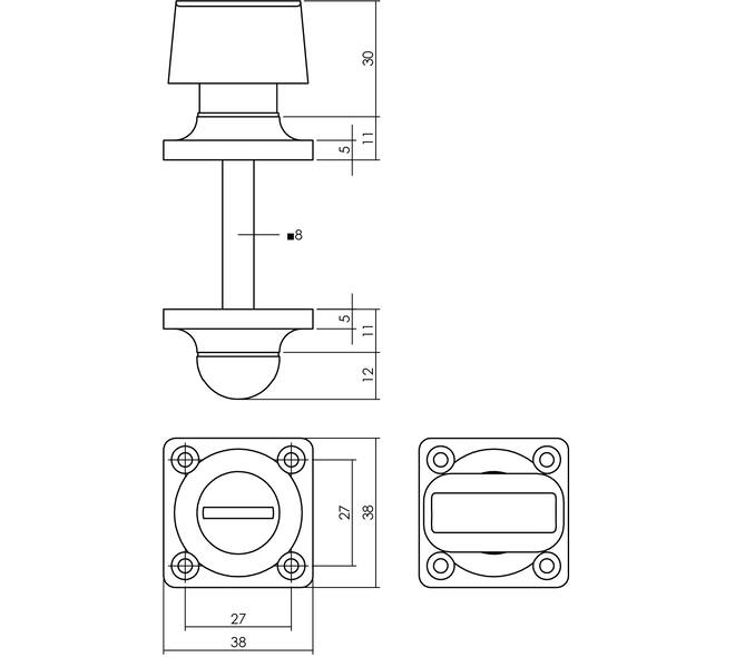 WC-sluiting basic 38x38x5mm met stift 8x8mm nikkel mat