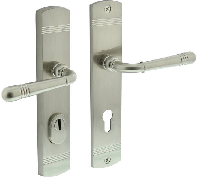 Achterdeurbeslag Helena 239x50mm kruk/kruk profielcilindergat 72mm met kerntrekbeveiliging nikkel mat