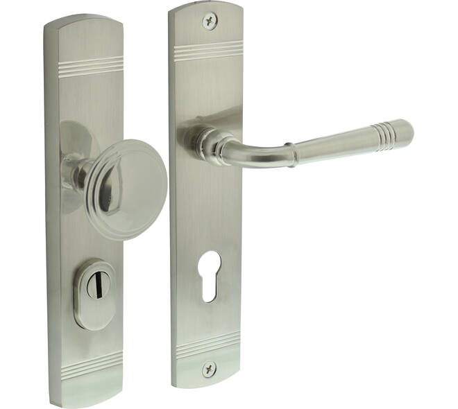 Voordeurbeslag Helena 239x50mm knop/kruk profielcilindergat 72mm met kerntrekbeveiliging nikkel mat