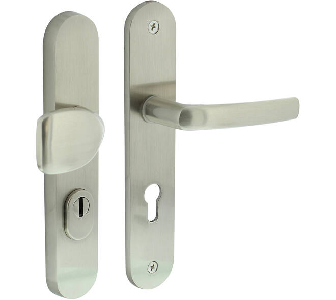 Voordeurbeslag Ovaal 246x48mm greep/kruk profielcilindergat 72mm met kerntrekbeveiliging nikkel mat