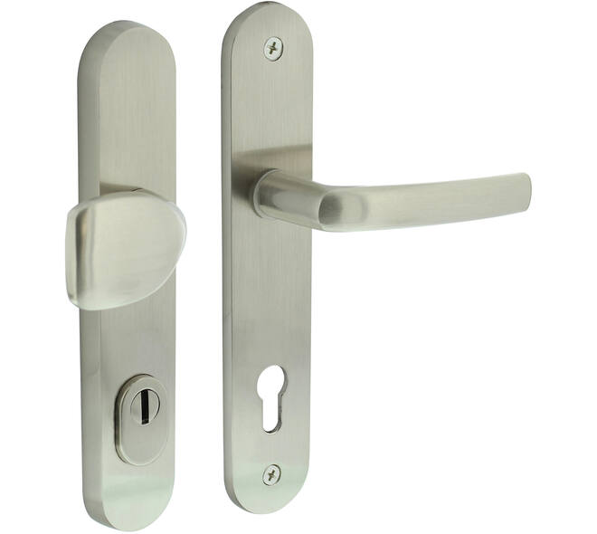 Voordeurbeslag Ovaal 246x48mm greep/kruk profielcilindergat 92mm met kerntrekbeveiliging nikkel mat