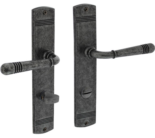 Deurkruk Helena op schild afgerond 235x45mm wc 78/8mm oud grijs