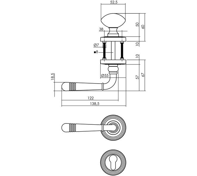 Knop/kruk garnituur links Helena op rozet verdekt met rillen ø55x10mm met nokken en cilinderrozetten oud grijs