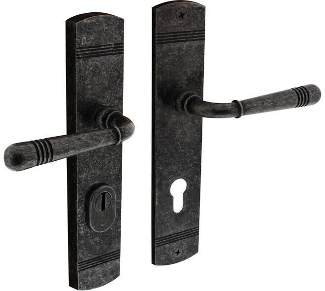 Achterdeurbeslag Helena 239x50mm kruk/kruk profielcilindergat 72mm met kerntrekbeveiliging oud grijs