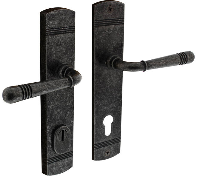 Achterdeurbeslag Helena 239x50mm kruk/kruk profielcilindergat 92mm met kerntrekbeveiliging oud grijs