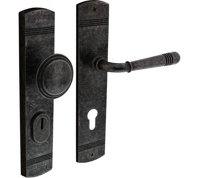 Voordeurbeslag Helena 239x50mm knop/kruk profielcilindergat 72mm met kerntrekbeveiliging oud grijs