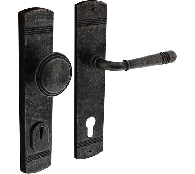 Voordeurbeslag Helena 239x50mm knop/kruk profielcilindergat 92mm met kerntrekbeveiliging oud grijs