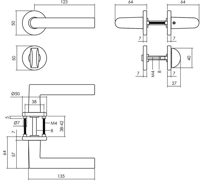 Deurkruk Broome met rozet verdekt ø50x7mm met nokken en WC-sluiting met stift 8x8mm zwart