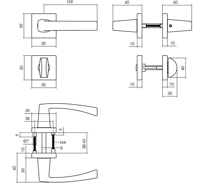 Deurkruk Moora met rozet verdekt 50x50x10mm met nokken en WC-sluiting met stift 8x8mm zwart