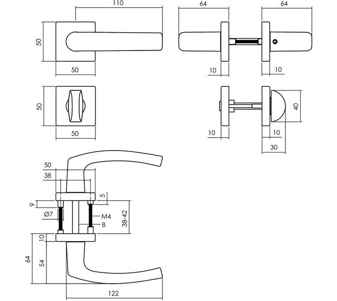 Deurkruk Denham met rozet verdekt 50x50x10mm met nokken en WC-sluiting met stift 8x8mm zwart