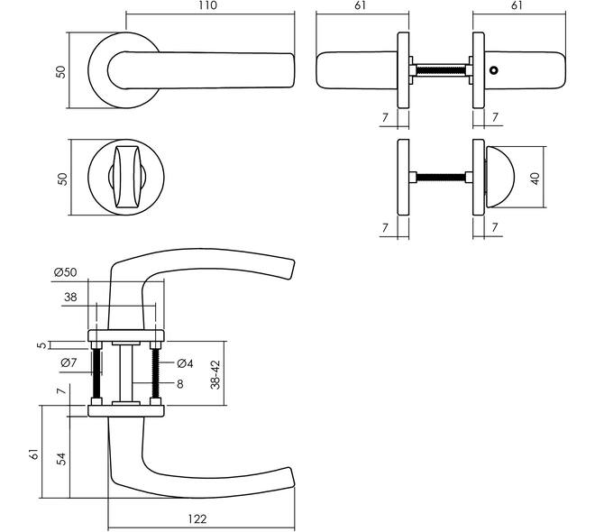 Deurkruk Denham met rozet verdekt ø50x7mm met nokken en WC-sluiting met stift 8x8mm zwart
