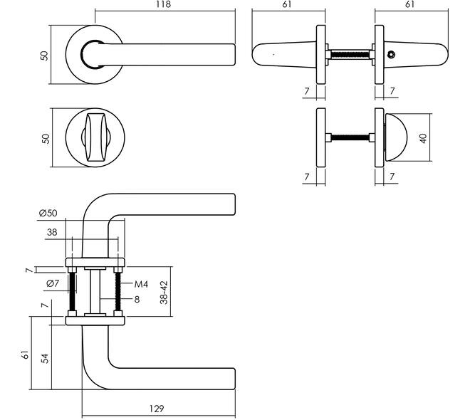 Deurkruk Derby met rozet verdekt ø50x7mm met nokken en WC-sluiting met stift 8x8mm zwart