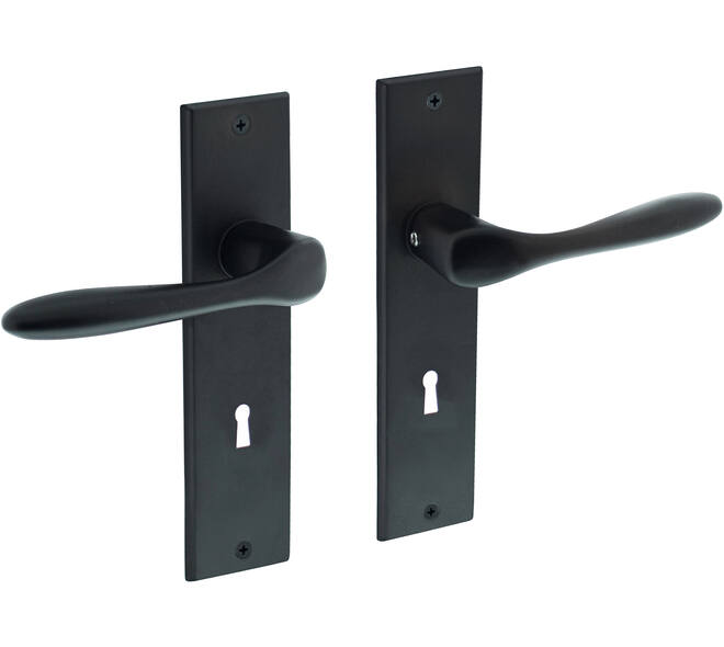 Deurkruk Banaan met schild rechthoekig 181x41mm sleutelgat 72mm zwart
