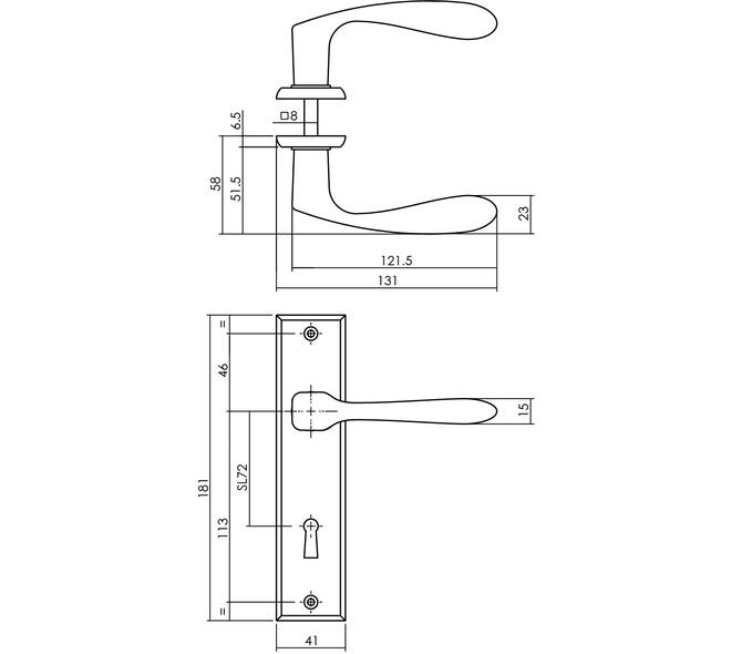 Deurkruk Banaan met schild rechthoekig 181x41mm sleutelgat 72mm zwart