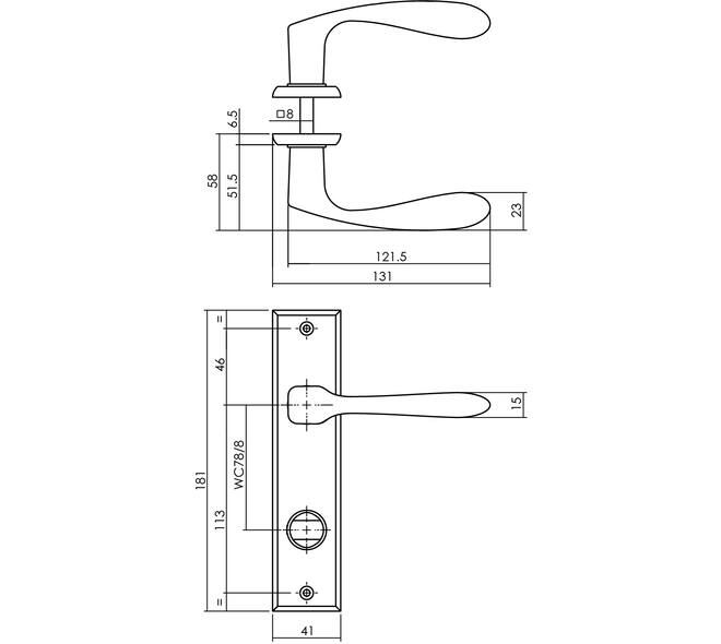 Deurkruk Banaan met schild rechthoekig 181x41mm wc 78/8mm zwart
