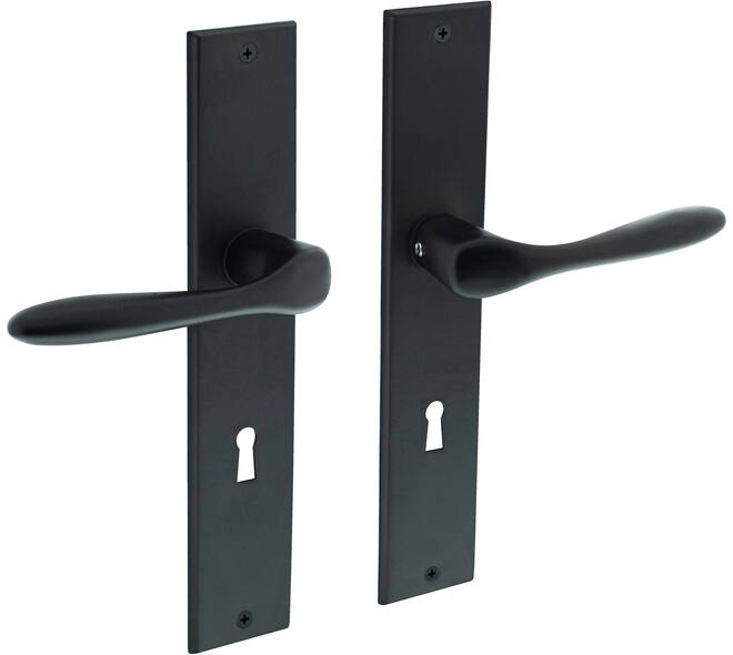 Deurkruk Banaan met schild rechthoekig 236x44mm sleutelgat 72mm zwart