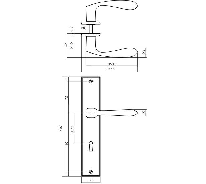 Deurkruk Banaan met schild rechthoekig 236x44mm sleutelgat 72mm zwart
