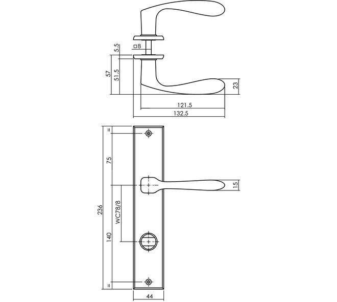 Deurkruk Banaan met schild rechthoekig 236x44mm wc 78/8mm zwart