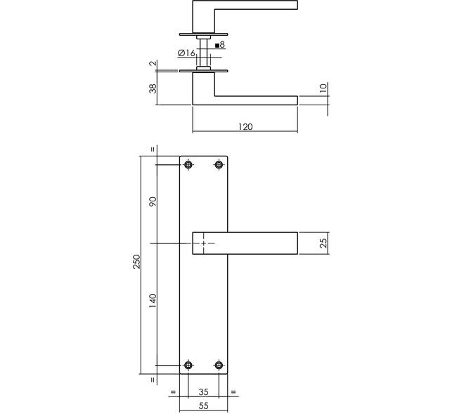 Deurkruk Amsterdam met schild rechthoekig 250x55x2mm blind structuur zwart