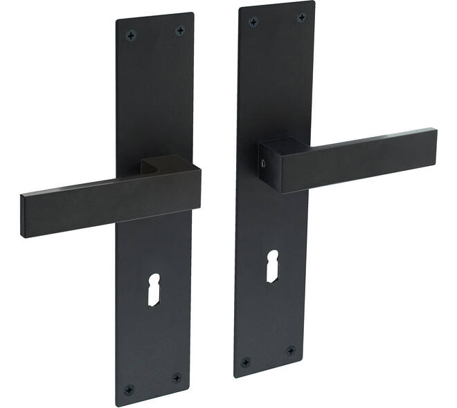 Deurkruk Amsterdam met schild rechthoekig 250x55x2mm sleutelgat 72mm structuur zwart