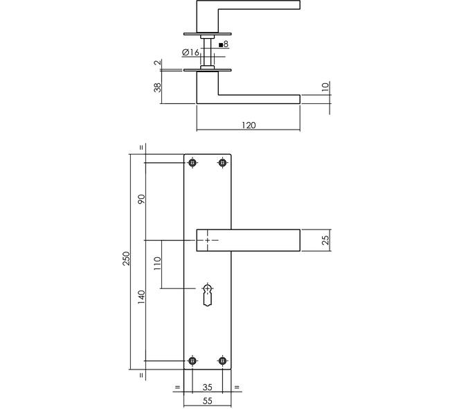 Deurkruk Amsterdam met schild rechthoekig 250x55x2mm sleutelgat 110mm structuur zwart