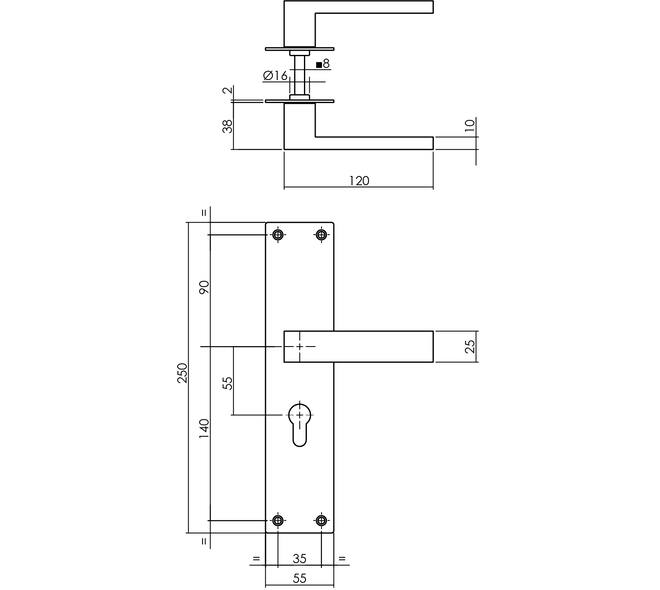 Deurkruk Amsterdam met schild rechthoekig 250x55x2mm profielcilindergat 55mm structuur zwart
