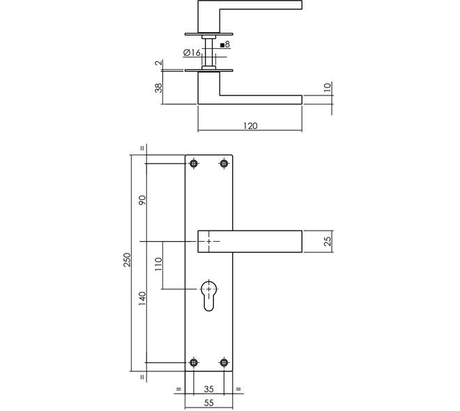 Deurkruk Amsterdam met schild rechthoekig 250x55x2mm profielcilindergat 110mm structuur zwart