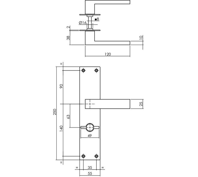 Deurkruk Amsterdam met schild rechthoekig 250x55x2mm wc 63/8mm structuur zwart