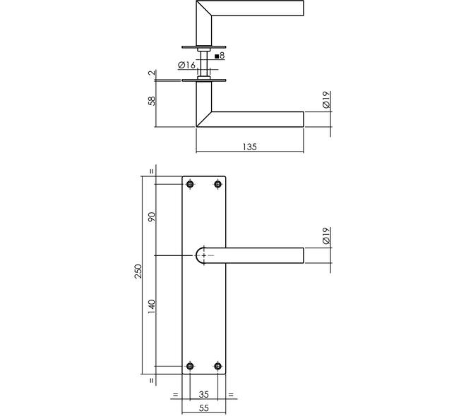 Deurkruk Jura met schild rechthoekig 250x55x2mm blind structuur zwart