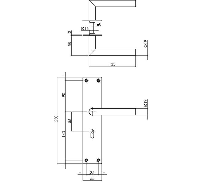 Deurkruk Jura met schild rechthoekig 250x55x2mm sleutelgat 56mm structuur zwart