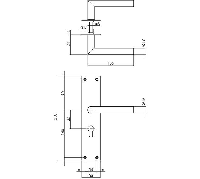 Deurkruk Jura met schild rechthoekig 250x55x2mm profielcilindergat 55mm structuur zwart