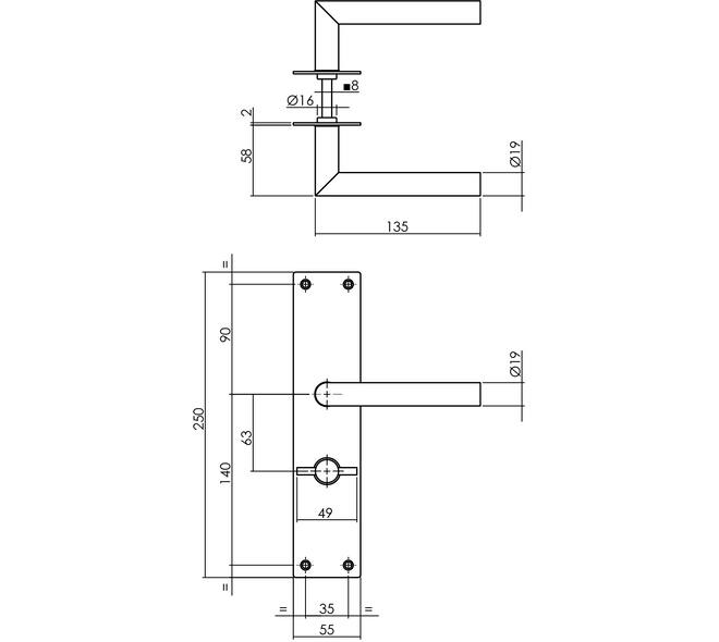 Deurkruk Jura met schild rechthoekig 250x55x2mm wc 63/8mm structuur zwart