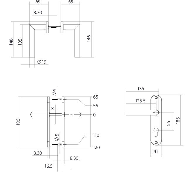 Deurkruk Jura basic op schild ovaal 185x41mm profielcilindergat 55mm zwart