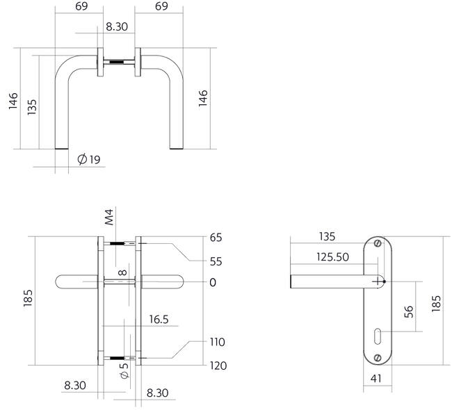 Deurkruk Luzern basic op schild ovaal 185x41mm sleutelgat 56mm zwart