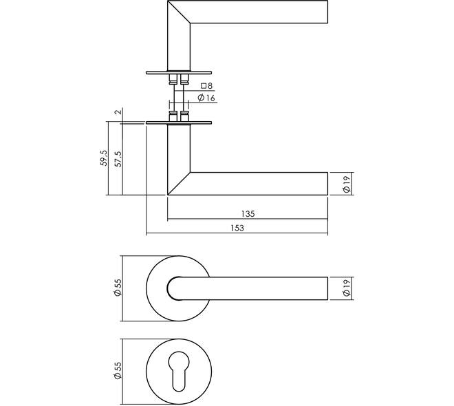 Deurkruk Jura met rozet zelfklevend ø55x2mm en cilinderrozetten structuur zwart