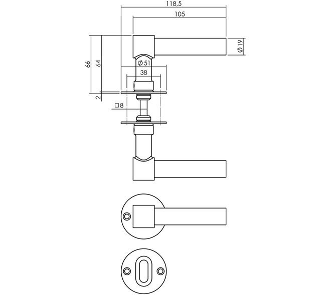 Deurkruk L/L recht met rozet Ø51x2mm en WC-sluiting met stift 8x8mm structuur zwart