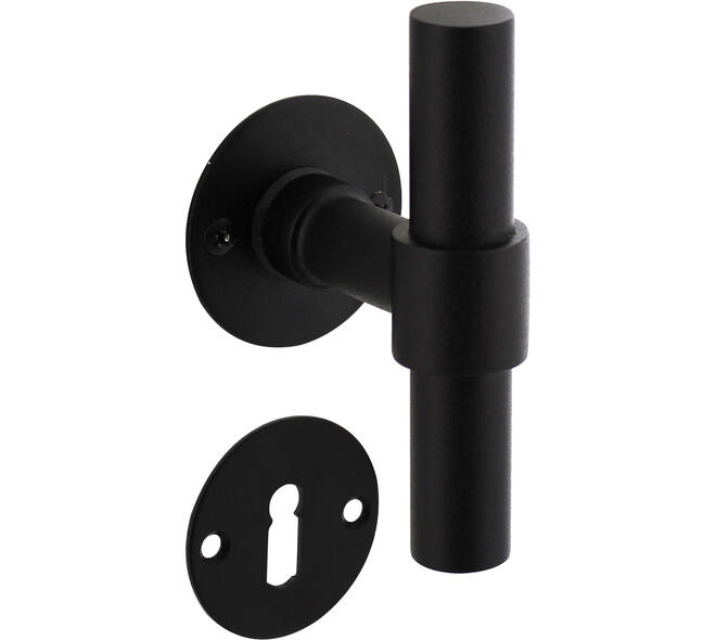 Deurkruk L/T recht met rozet Ø51x2mm en sleutelrozetten structuur zwart