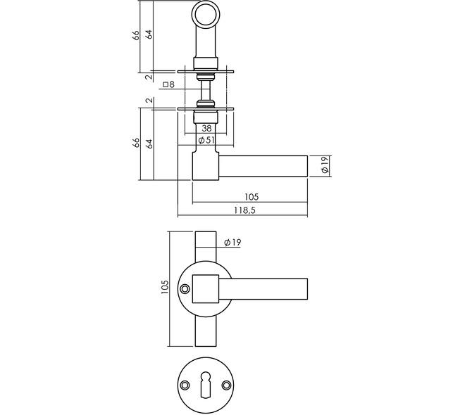 Deurkruk L/T recht met rozet Ø51x2mm en sleutelrozetten structuur zwart