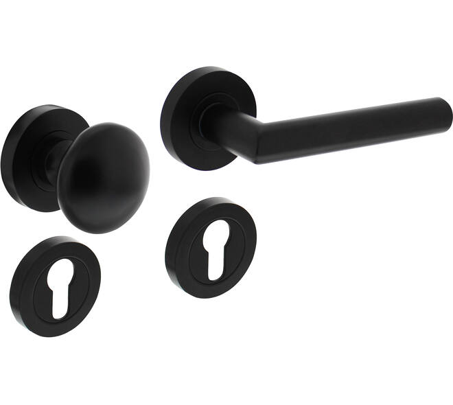 Knop/kruk garnituur rechts Bastian op rozet verdekt ø52x10mm met nokken en cilinderrozetten zwart