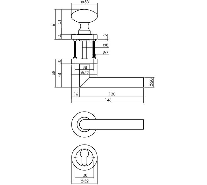 Knop/kruk garnituur rechts Bastian op rozet verdekt ø52x10mm met nokken en cilinderrozetten zwart