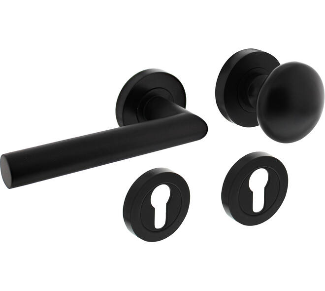 Knop/kruk garnituur links Bastian op rozet verdekt ø52x10mm met nokken en cilinderrozetten zwart