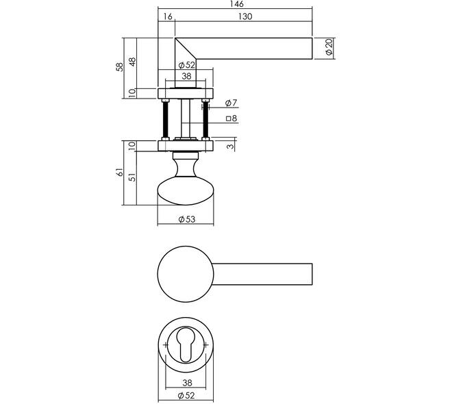 Knop/kruk garnituur links Bastian op rozet verdekt ø52x10mm met nokken en cilinderrozetten zwart
