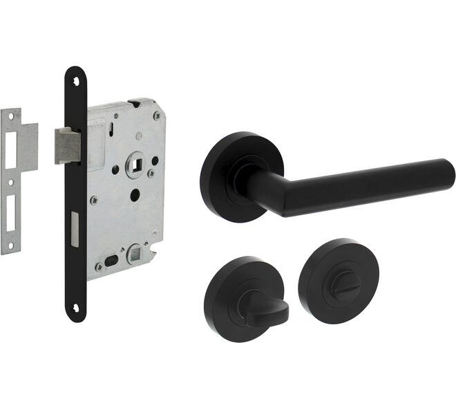 Set toiletslot 63/8mm zwart met deurkruk Bastian op rozet ø52x10mm en WC-sluiting zwart