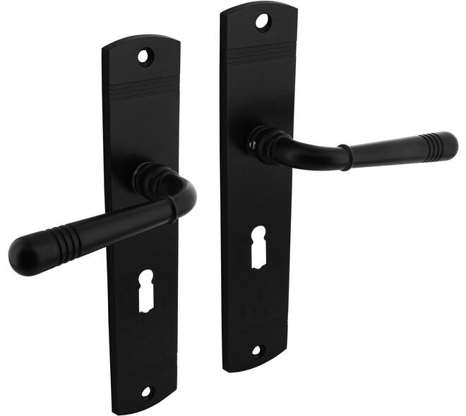 Deurkruk Helena op schild afgerond 235x45mm sleutelgat 56mm zwart
