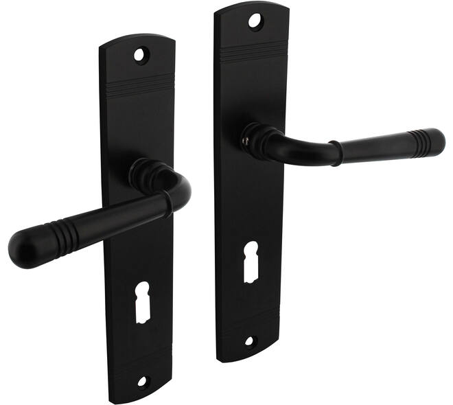 Deurkruk Helena op schild afgerond 235x45mm sleutelgat 72mm zwart