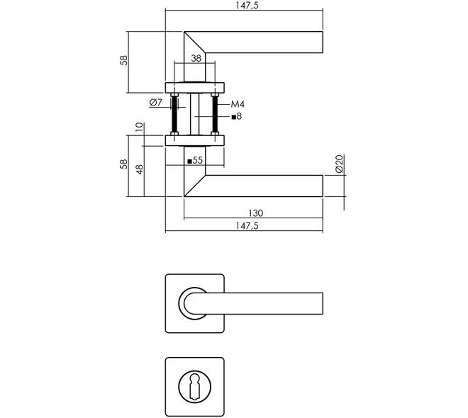 Deurkruk Bastian op rozet 55x55x10mm met nokken en sleutelrozetten zwart