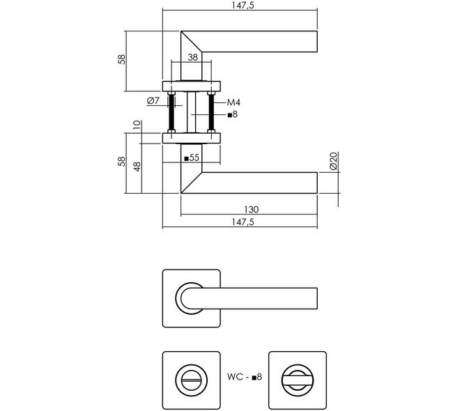 Deurkruk Bastian op rozet 55x55x10mm met nokken en WC-sluiting met stift 8x8mm zwart