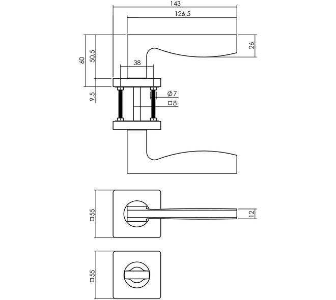 Deurkruk Apollo op rozet verdekt 55x55x10mm met nokken en WC-sluiting met stift 8x8mm zwart